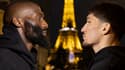 Cédric Doumbé et Baissangour "Baki" Chamsoudinov en face-à-face virtuel devant la Tour Eiffel avant le PFL Paris en mars 2024
