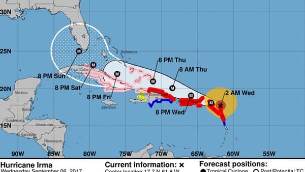La trajectoire estimée de l'ouragan Irma.