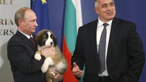 Vladimir Poutine a invité par internet les Russes à l'aider à trouver un nom pour le petit chien que lui a offert le week-end dernier son homologue bulgare, Boïko Borissov (à droite). /Photo prise le 13 novembre 2010/REUTERS/Oleg Popov