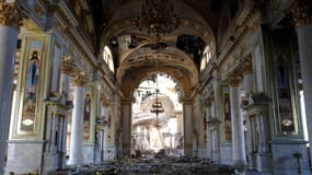 La cathédrale de la Transfiguration détruite par un tir de missile à Odessa, le 23 juillet 2023, dans le cadre de l'invasion russe de l'Ukraine.
