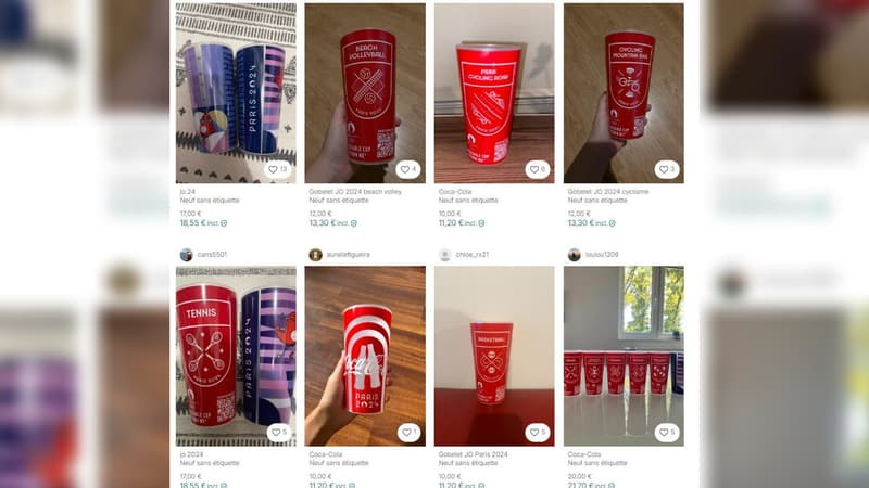 Des eco-cups distribuées lors des Jeux olympiques de Paris 2024 en vente sur Vinted à la fin de la compétition, en août 2024.
