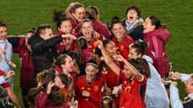 La sélection espagnole célébrant sa qualification en finale de Coupe du monde après une victoire 2-1 face à la Suède en demi-finale, 15 aout 2023