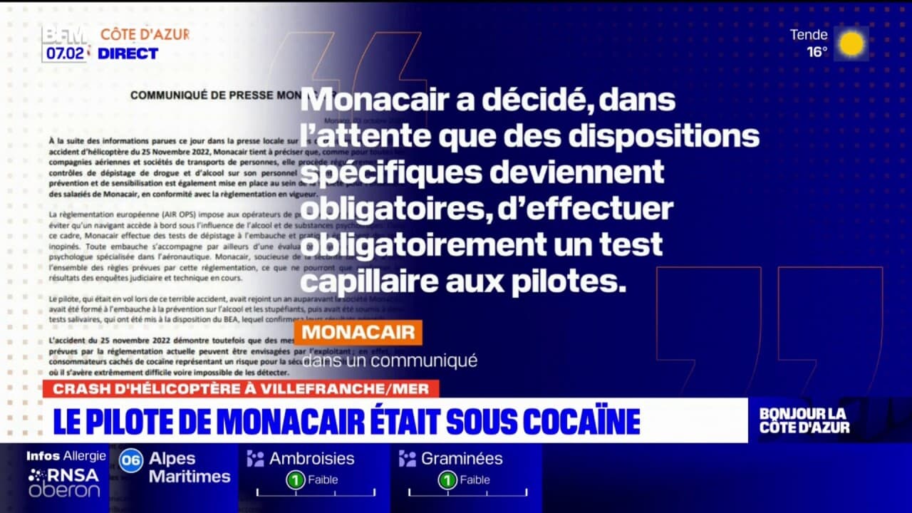 Crash d'un hélicoptère à VillefranchesurMer le pilote avait consommé