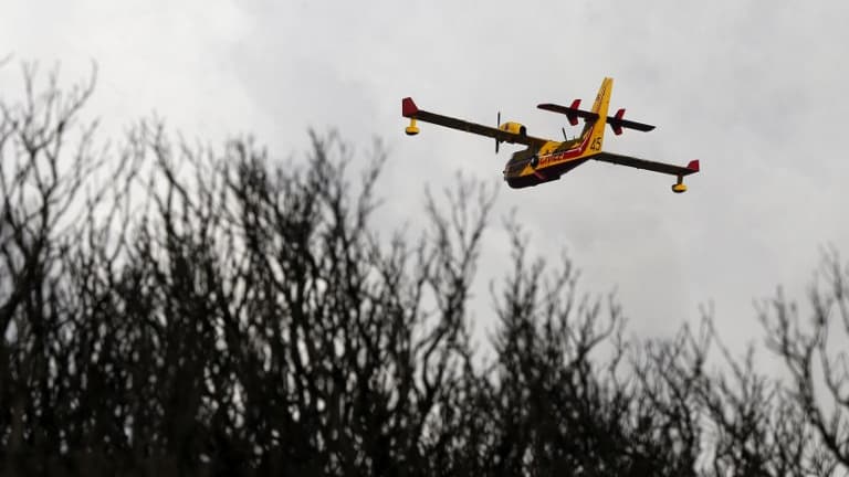 Un bombardier d'eau survole la zone d'incendie du Cap Corse le 12 août 2017