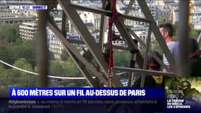 Paris: le funambule Nathan Paulin s'apprête à s'élancer depuis la Tour Eiffel, pour une traversée à 70 mètres de hauteur
