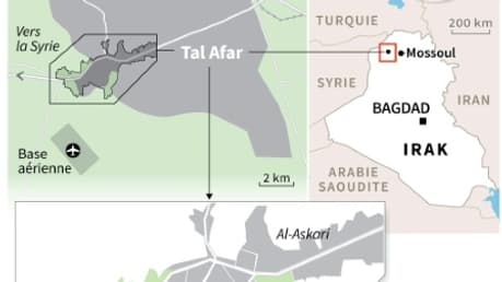 Carte de Tal Afar en Irak montrant les zones contrôlées par les forces en présence au 24 août. Carte de Tal Afar en Irak montrant les zones contrôlées par les forces en présence au 24 août.