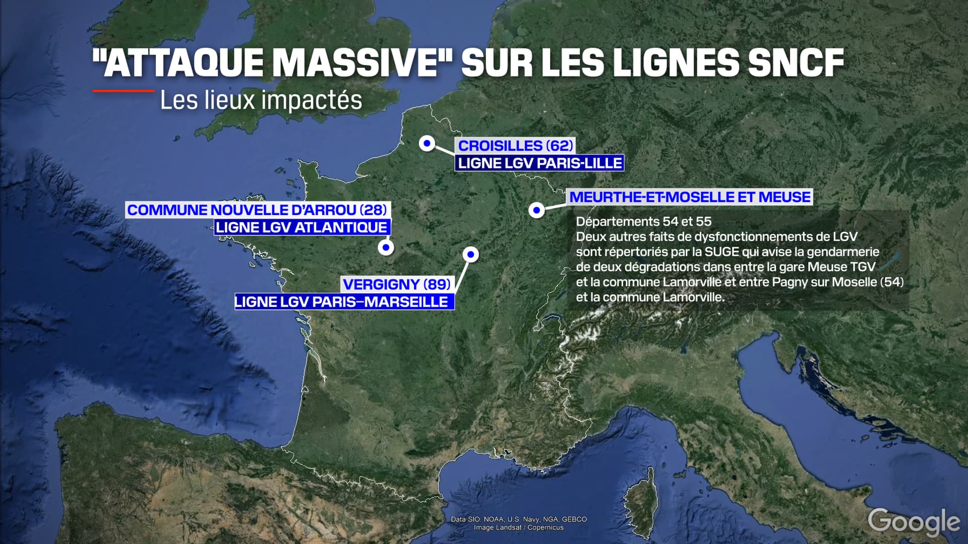 La carte des sabotages survenues sur les lignes TGV en France dans la nuit de ce jeudi 25 au vendredi 26 juillet 2024