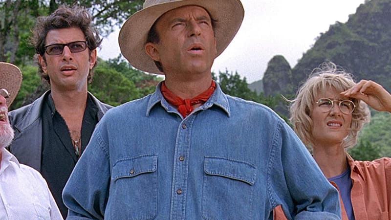 Jeff Goldblum, Sam Neill et Laura Dern dans Jurassic Park en 1993.