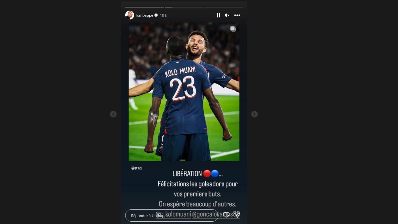 Le message de Kylian Mbappé pour Gonçalo Ramos et Randal Kolo Muani sur Instagram, le 25 septembre 2023