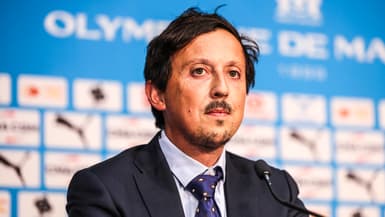Le président de l'OM Pablo Longoria lors de la présentation d'une recrue à la presse, août 2024