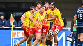 Ignacio Ruiz célèbre une nouvelle victoire de Perpignan en Top 14 face au MHR, 27 avril 2024