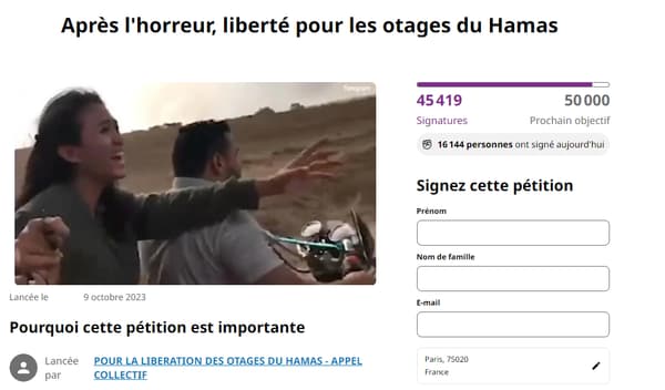 Capture d'écran de la page de la pétition pour la libération des otages du Hamas, signée par plus de 45.000 personnes.