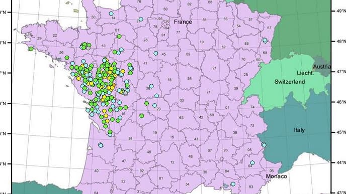 Carte du bureau central sismologique français d'un séisme dans la région de Nantes, le 21 juin 2019.