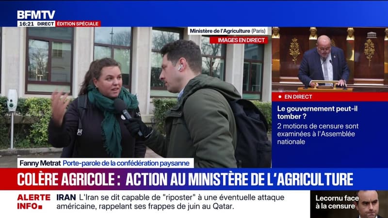 Fanny Metrat, porte-parole de la confédération paysanne explique les raisons de l'action du syndicat devant le ministère de l'Agriculture