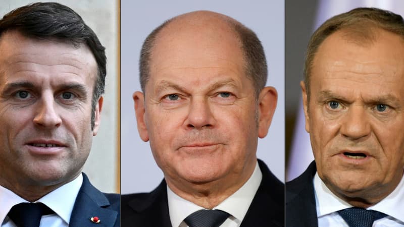 Le président français, Emmanuel Macron, le chancelier allemand, Olaf Scholz, et le Premier ministre polonais Donald Tusk