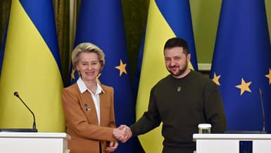 Le président ukrainien Volodymyr Zelensky et la présidente de la Commission européenne Ursula von der Leyen à l'issue d'une conférence de presse commune à Kiev, le 2 février 2023. 