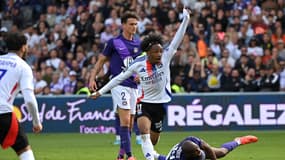 Malick Fofana célèbre son but de la victoire lors de Toulouse-Lyon (1-2, L1), le 29 septembre 2024