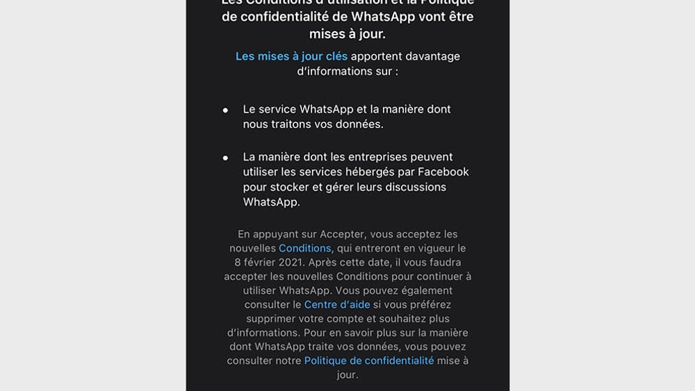 La notification envoyée par WhatsApp aux utilisateurs français