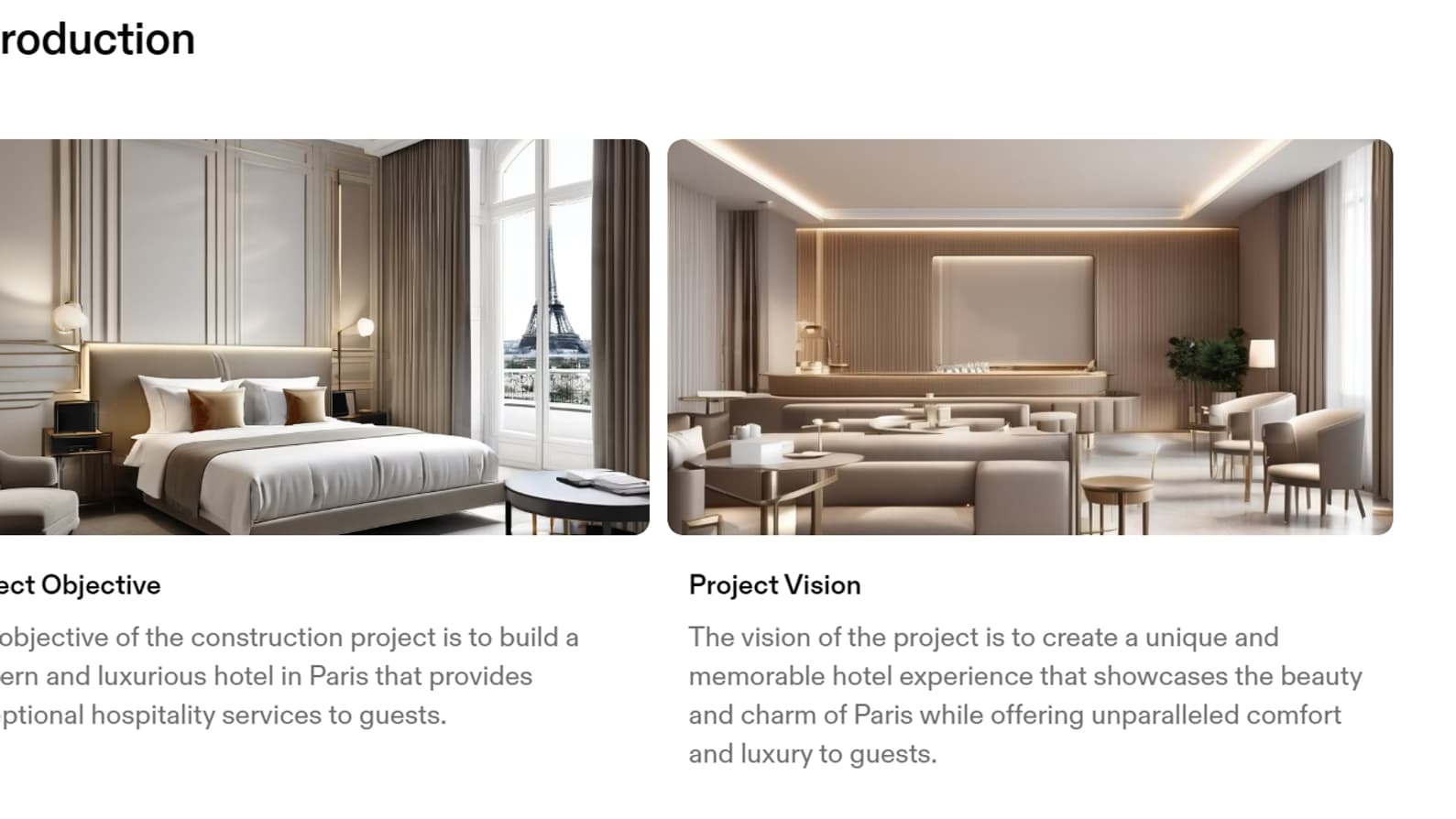 Un extrait de la présentation d'un projet de construction d'un hôtel générée par Tome.