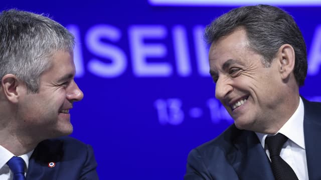 Laurent Wauquiez et Nicolas Sarkozy lors d'un conseil national du parti Les Républicains en février 2018.