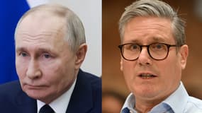 Vladimir Poutine à Moscou le 7 mars 2025 et Keir Starmer à Kingston Upon Hill, le 13 mars 2025
