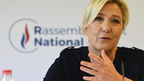 Marine Le Pen pendant une conférence de presser au siège du Rassemblement national à Nanterre, le 28 juillet 2020