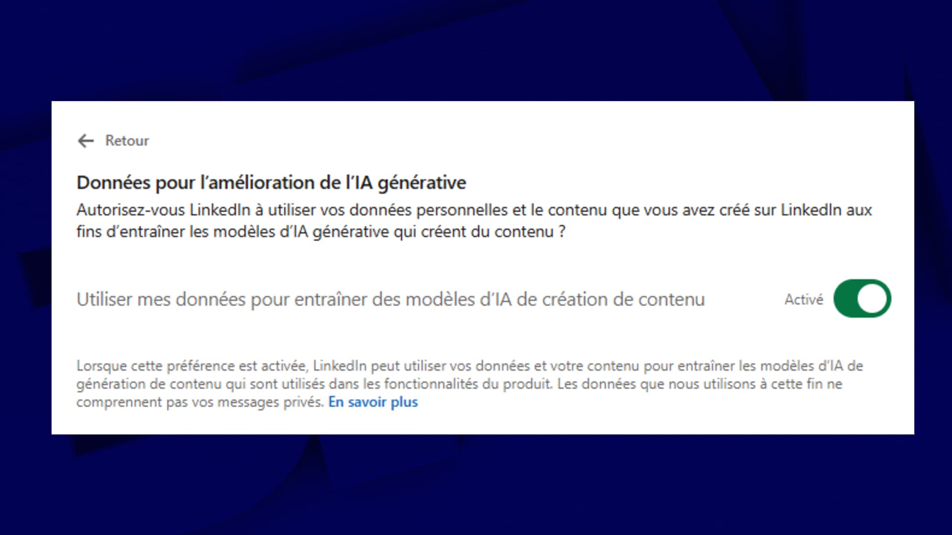 Le paramètre à décocher pour ne pas autoriser LinkedIn à utiliser vos données pour entrainer son IA (Capture d'écran LinkedIn le 2 novembre 2025).