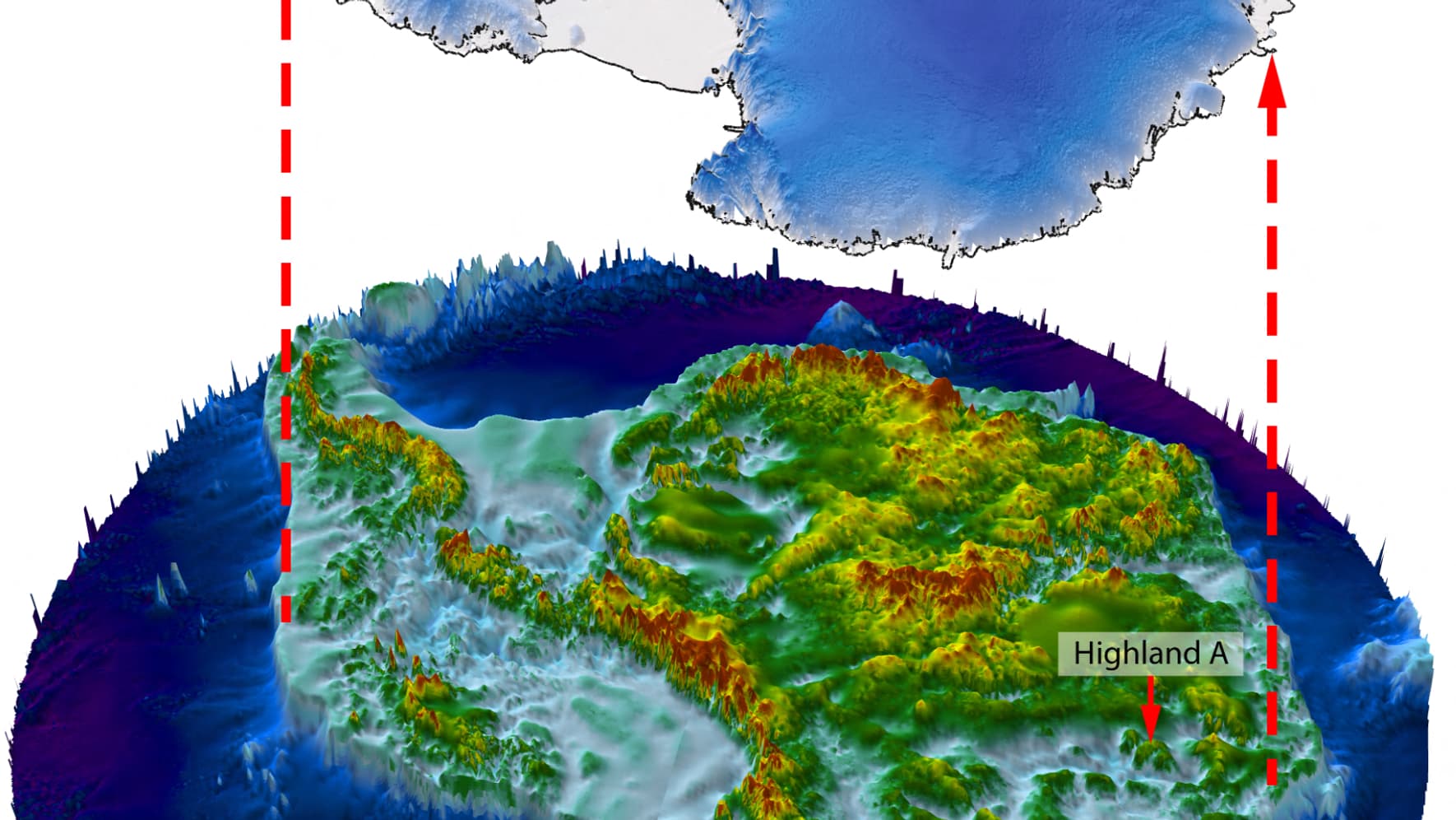 Ce graphique diffusé par Stewart Jamieson de l'université de Durham le 24 octobre 2023 montre une illustration représentant un paysage nouvellement découvert en Antarctique, appelé "Highland A", avec la calotte glaciaire soulevée de la terre de l'Antarctique. Des scientifiques ont révélé le 24 octobre 2023 qu'ils avaient découvert un vaste paysage caché de collines et de vallées sculptées par d'anciennes rivières, "figé dans le temps" sous la glace de l'Antarctique depuis des millions d'années.