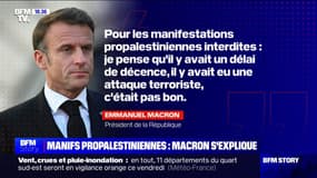 Manifestations propalestiniennes interdites: Emmanuel Macron estime "qu'il y avait un délai de décence" à respecter après "l'attaque terroriste" du Hamas