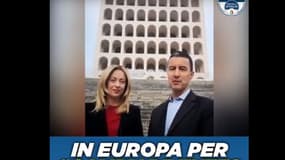 Giorgia Meloni et Caio Giulio Cesare Mussolini sur une affiche de campagne.