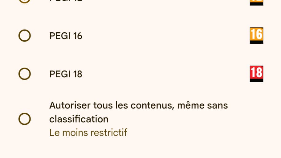 Les classifications proposées pour les applications et les jeux dans Family Link. Les classifications proposées pour les applications et les jeux dans Family Link.