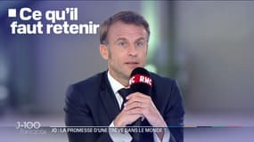 Le président de la République Emmanuel Macron le 15 avril 2024, au Grand Palais de Paris, lors d'une interview à RMC-BFMTV. 