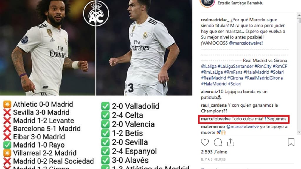 Le post Instagram et la réponse de Marcelo