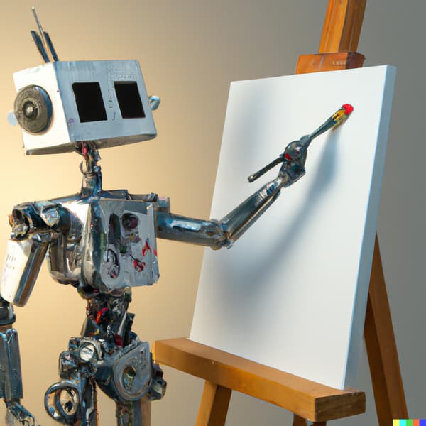 "A realistic photo of a robot holding a brush and painting on a canvas" / Dall-E