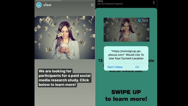 Une publicité Utest qui propose sans le mentionner de participer au Facebook Research Une publicité Utest qui propose sans le mentionner de participer au Facebook Research