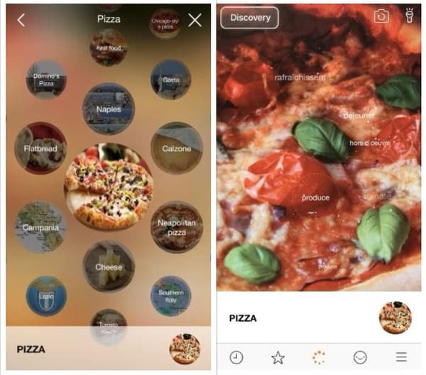 À gauche, la toile de données autour de "pizza" et à droite les mots trouvés par Blippar.