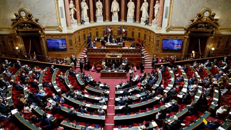 L'hémicycle du Sénat le 16 mars 2023, à Paris