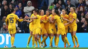 Les joueuses du Barça après le but d'Aitana Bonmati en demi-finale retour de Ligue des champions, 27 avril 2024