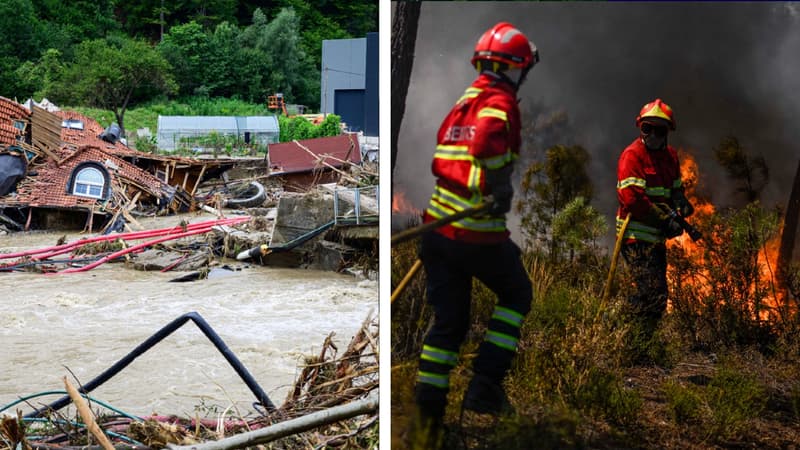 Une maison effondrée à Prevalje, en Slovénie, touchée par des inondations, le 9 août 2023 (à droite). Des pompiers au Portugal, le 6 août 2023 (à gauche). 