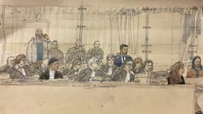 Croquis d'audience du 4 novembre 2024 lors du procès à la cour d'assises spéciale de Paris de huit adultes accusés d'avoir contribué au climat de haine qui a conduit un radical islamiste à décapiter en 2020 l'enseignant Samuel Paty 