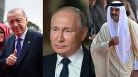 Montage photo réalisé le 16 juin 2025 montrant de gauche à droite, le président turc Recep Erdoğan, le président russe Vladimir Poutine et l'émir du Qatar, Cheikh Tamim bin Hamad Al-Thani. 