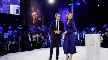 Gabriel Attal et Valérie Hayer à Aubervilliers samedi 1er juin 2024 pour le dernier meeting de campagne de la tête de liste de la majorité aux européennes
