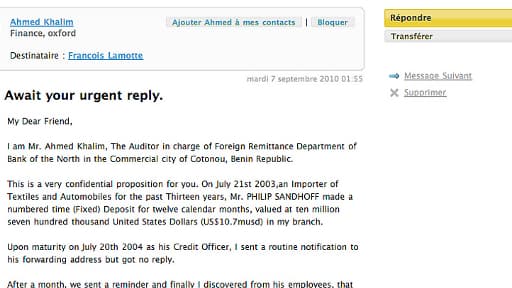 Un exemple d'arnaque par e-mail. Cette escroquerie très courante porte le nom d'"arnaque à la nigériane".