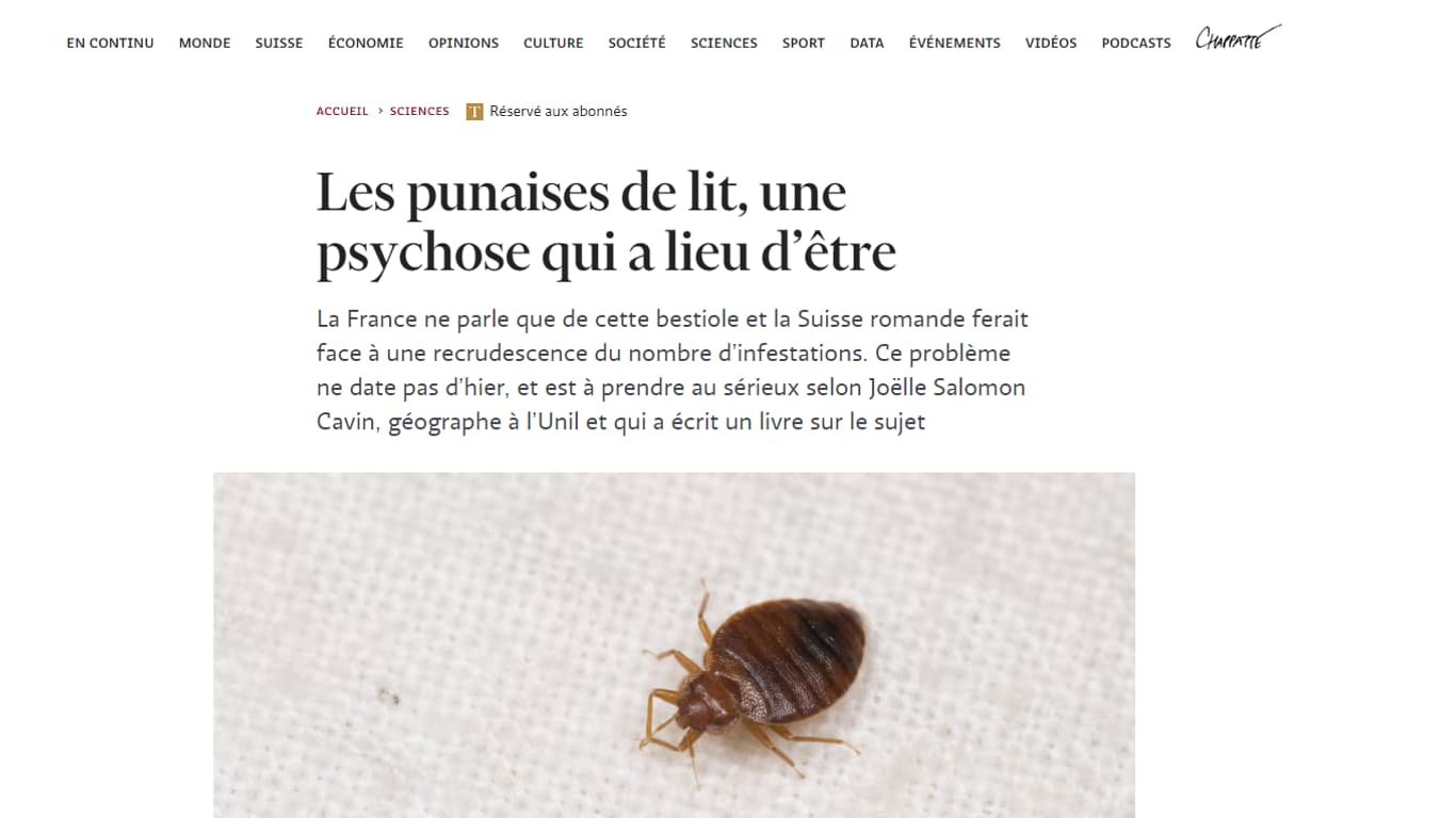 Capture d'écran d'un article du Temps sur les punaises de lit en Suisse et en France.