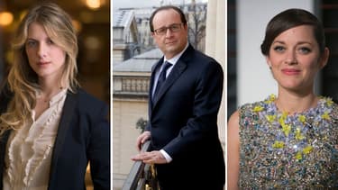 Le président de la République François Hollande entouré par les actrices Mélanie Laurent et Marion Cotillard
