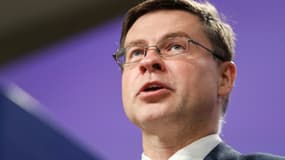 Valdis Dombrovskis, lors d'une conférence de presse le 28 mai 2020 à Bruxelles