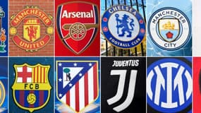 Montage des logos, réalisé le 19 avril 2021, des 12 clubs susceptibles de participer à la future Super Ligue : Liverpool, Manchester United, Arsenal, Chelsea, Manchester City, Tottenham, Real Madrid, Barcelone, Atletico Madrid, Juventus Turin, Inter Milan et l'AC Milan 