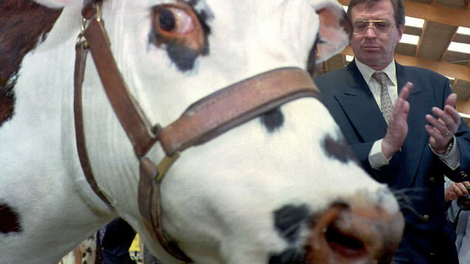 Le ministre de l'Agriculture Philippe Vasseur à l'inauguration du Festival régional du Neubourg, dans l'Eure, le 14 juin 1996. Il y qualifie la crise de la vache folle de "véritable cataclysme". Le ministre de l'Agriculture Philippe Vasseur à l'inauguration du Festival régional du Neubourg, dans l'Eure, le 14 juin 1996. Il y qualifie la crise de la vache folle de "véritable cataclysme".