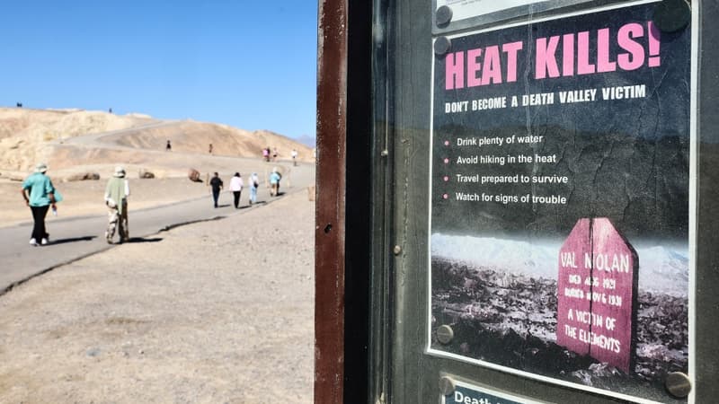 Une pancarte alertant des dangers de la chaleur extrême, Californie, avril 2024