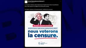 Le visuel diffusé par le groupe Rassemblement national sur le réseau X annonçant l'intention des députés RN de voter une motion de censure du gouvernement, le 2 décembre 2024.